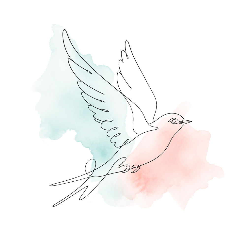 Ilustração em linha de um pássaro em voo sobre aquarela suave